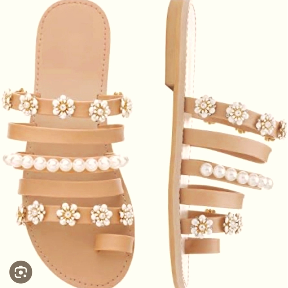 Shoe'N Tale Toe Ring Gladiator Flat Sandals Elegant Strappy Faux Pearl sz 10